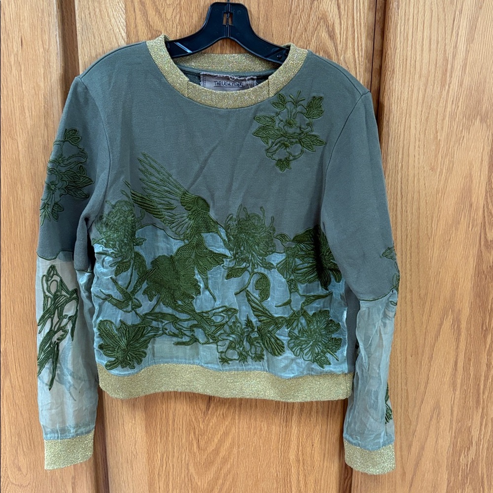 The Ugly Girl Embroidered Bird Floral Partially Sheer Top Green Gold M